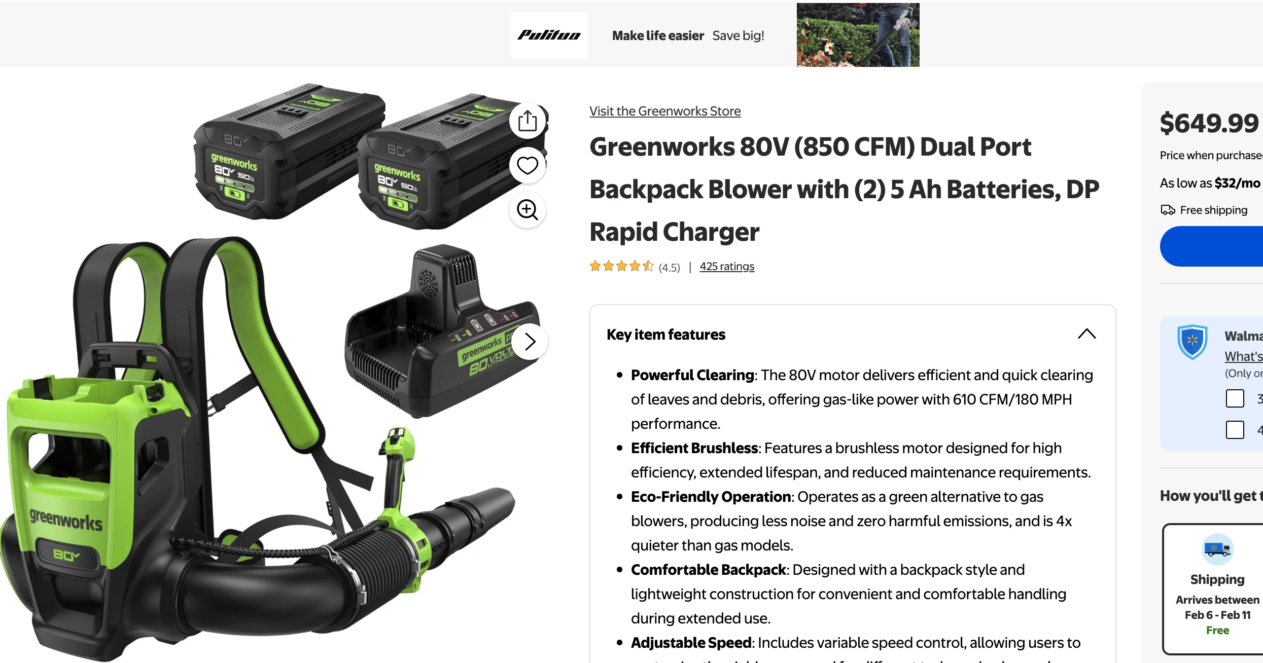 Greenworks 80V 850 CFM Dual-Port Backpack Blower